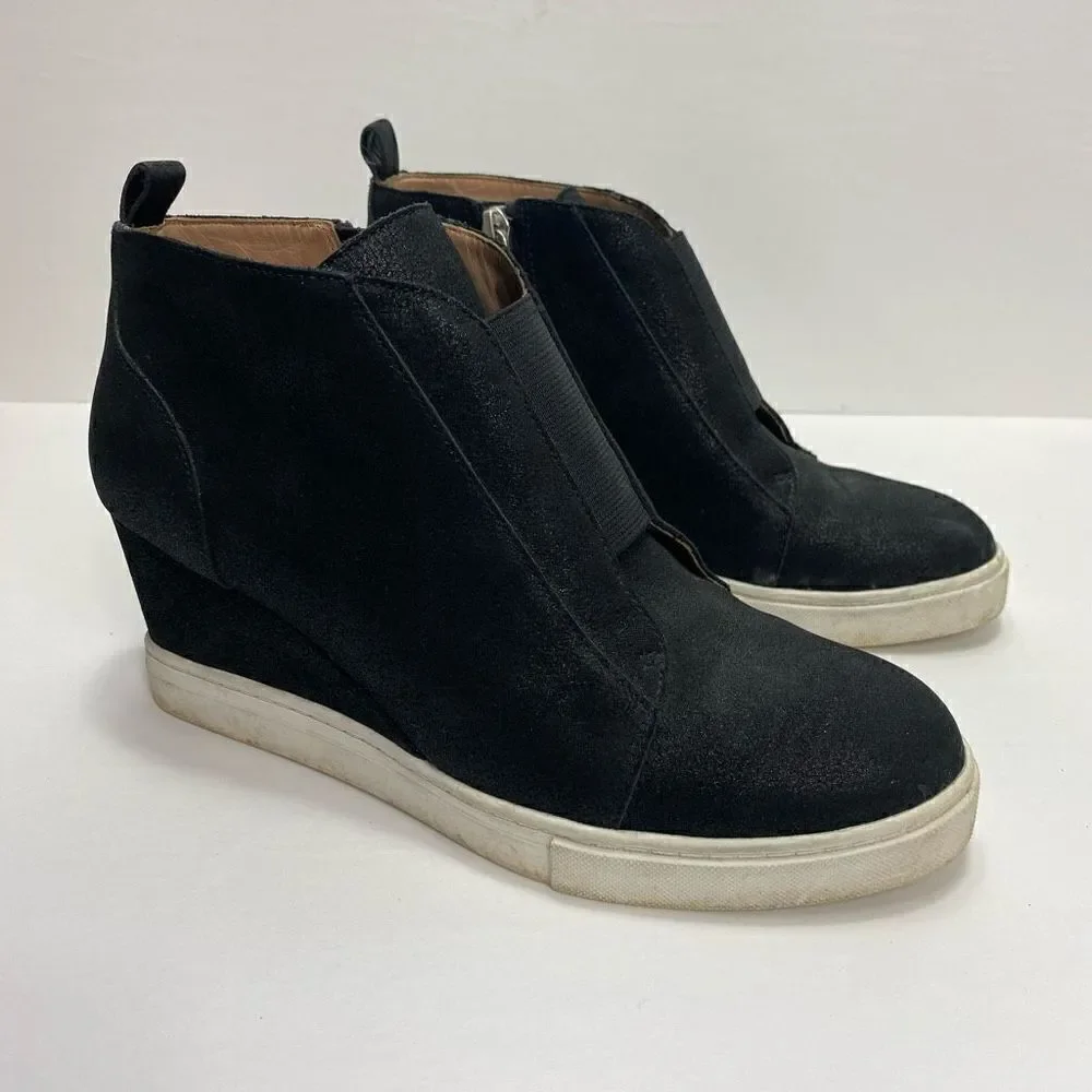 Linea Paolo Felicia Perforated Black Leather Wedge Sneakers Black Metallic Size
